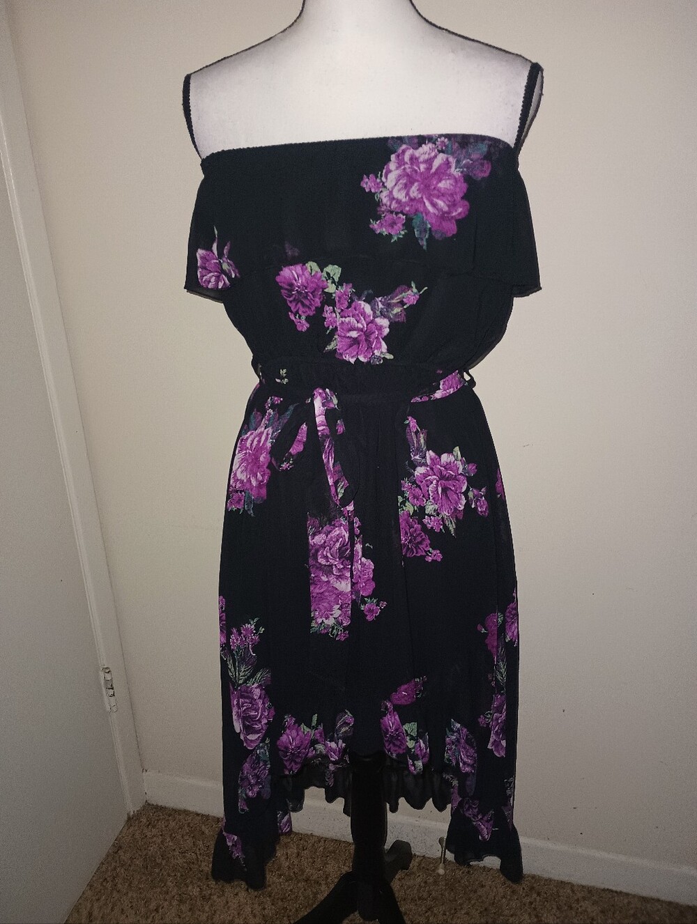 NWT Rue21 Black Off-Shoulder Dress with Purple Floral Print SZS-M
